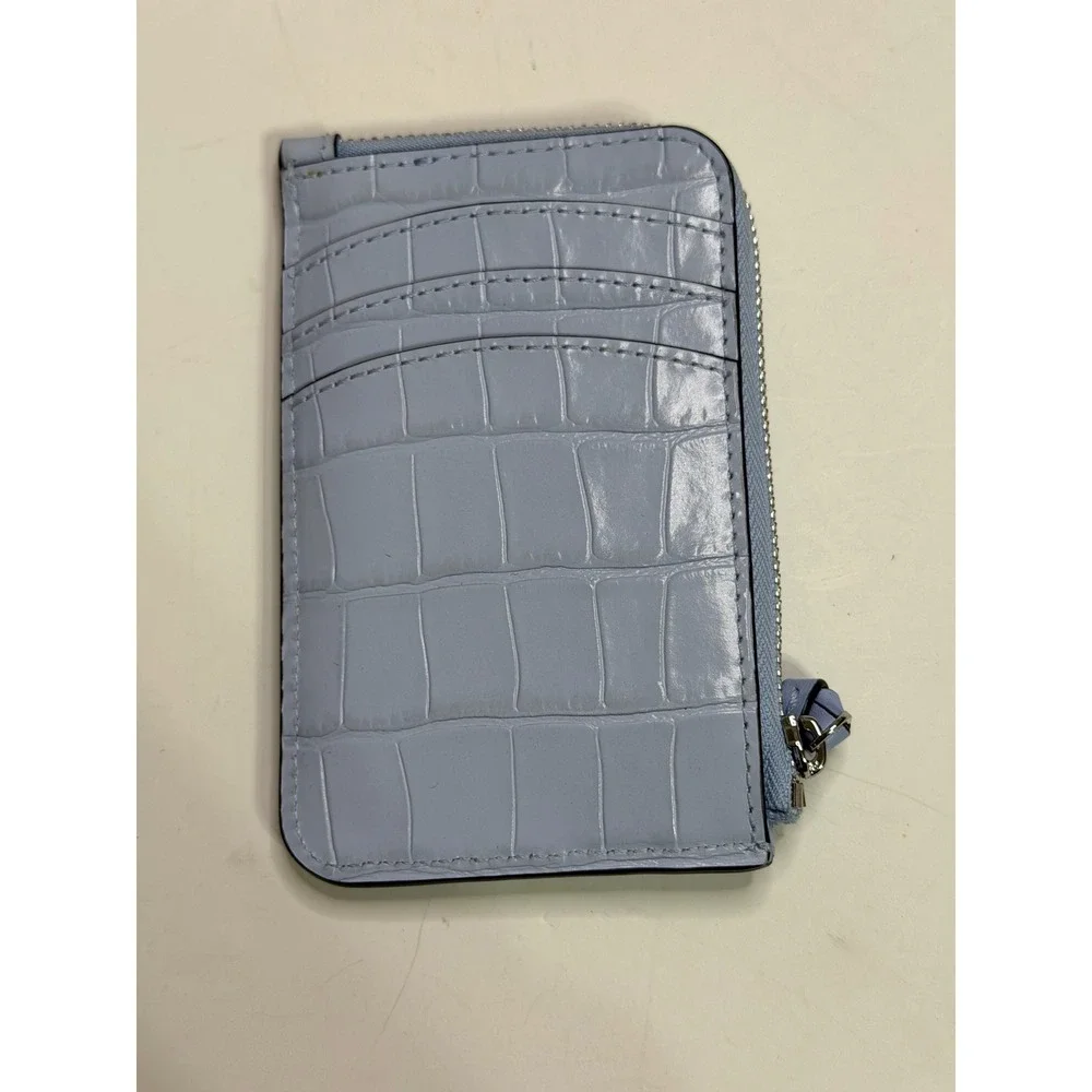 Kate Spade Light Blue Croc Embossed Leather L-Zip Card Holder Wallet Slim Small